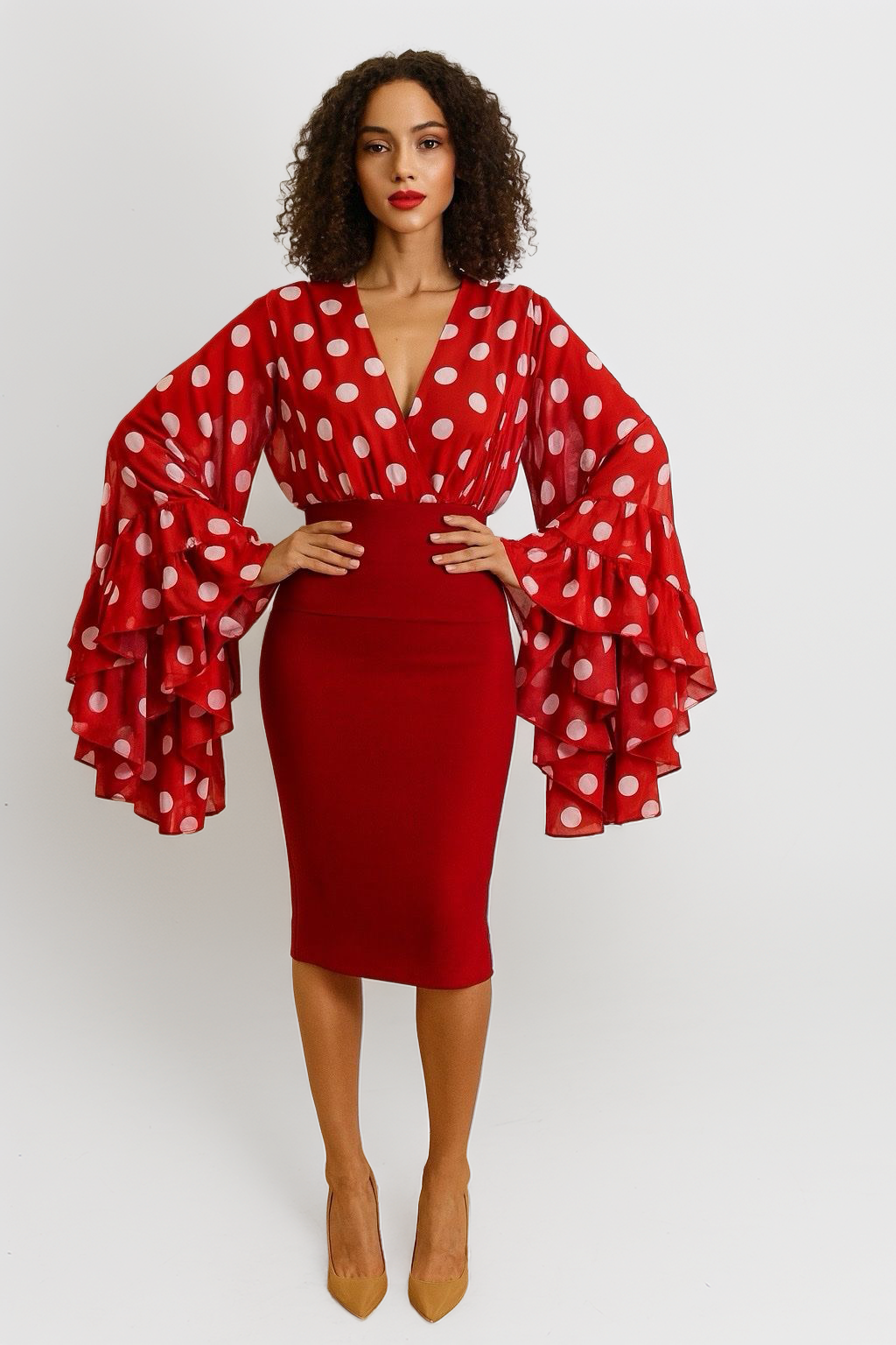 W5981 GLAM SHEER POKA DOT TOP (RED, BLK)
