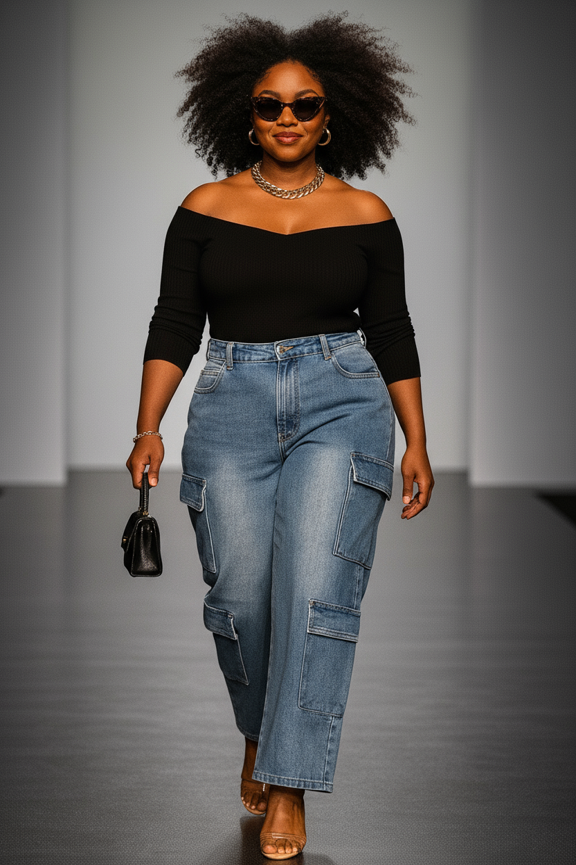 Multi-Cargo Wide-Leg Denim Pants