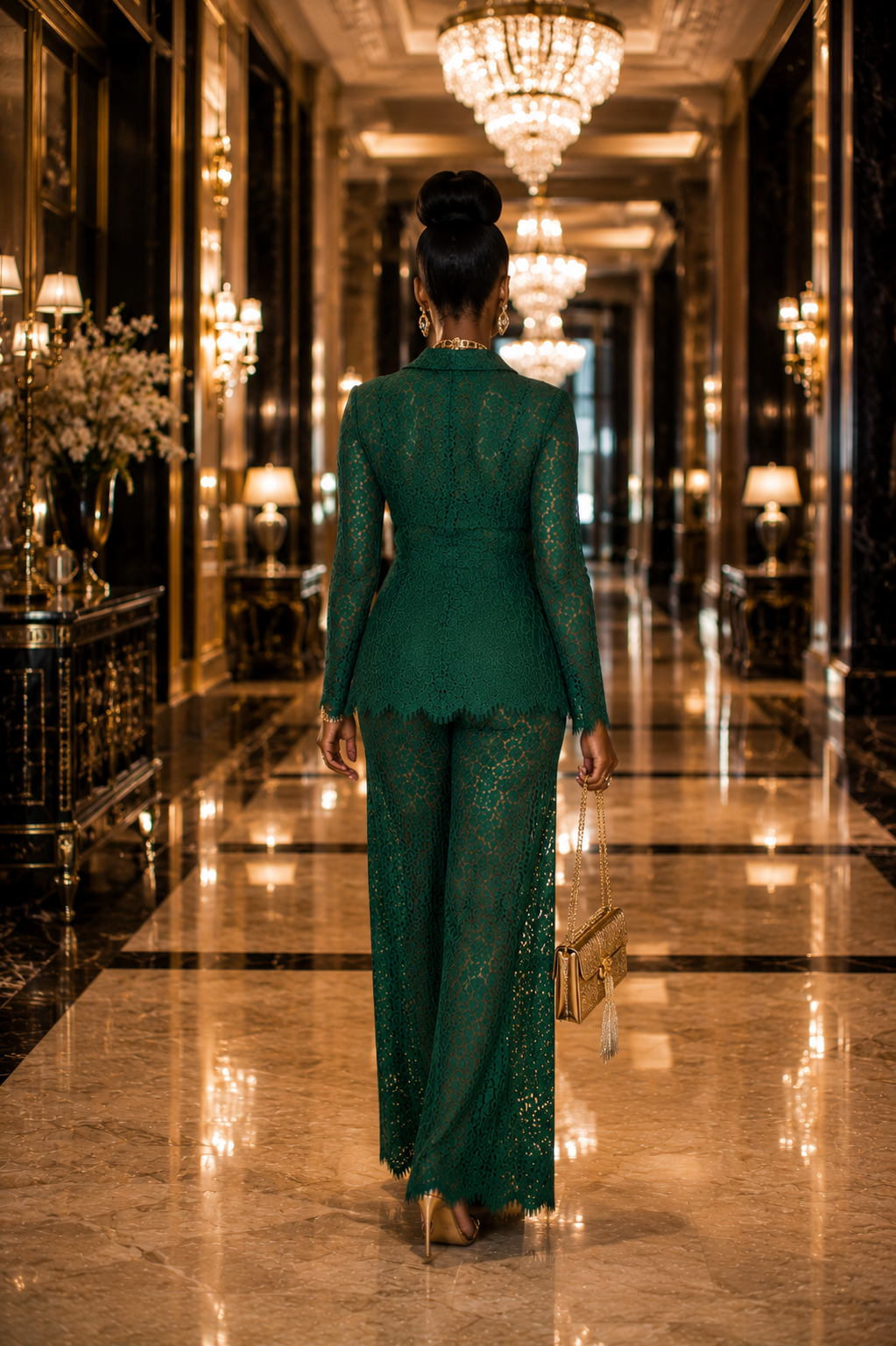 Long Sleeve Lace Blazer and Lace Pants Suit Set