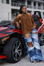 The Camel Luxe Cold-Shoulder Suede Top