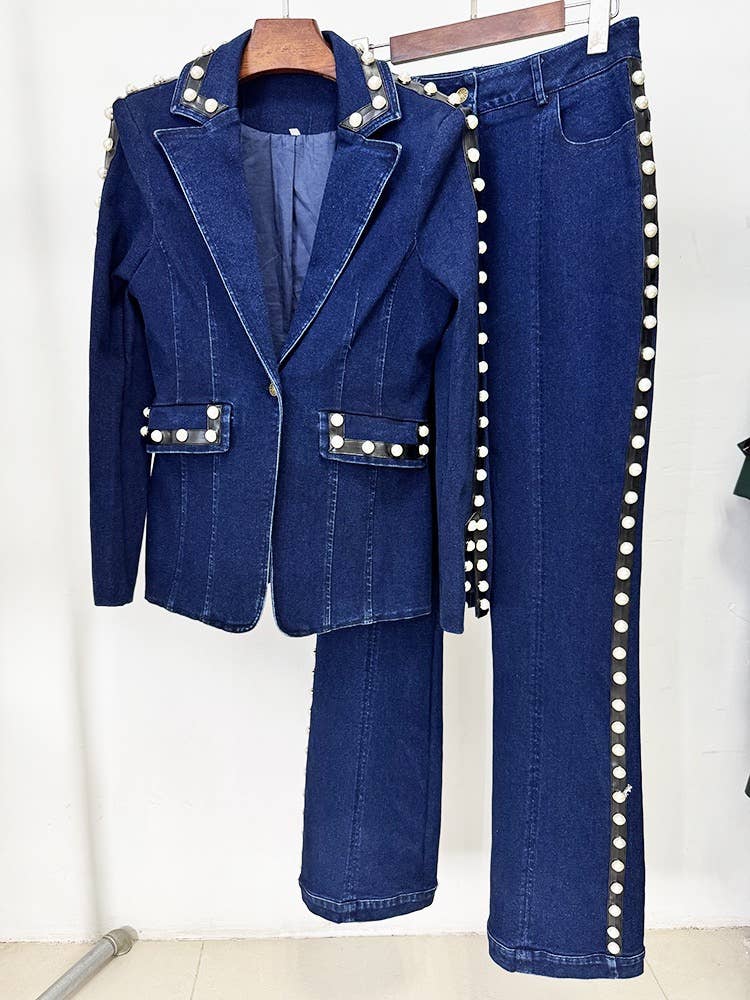 Pearl Beaded Washed Denim Jacket and Pants Two Piece Set