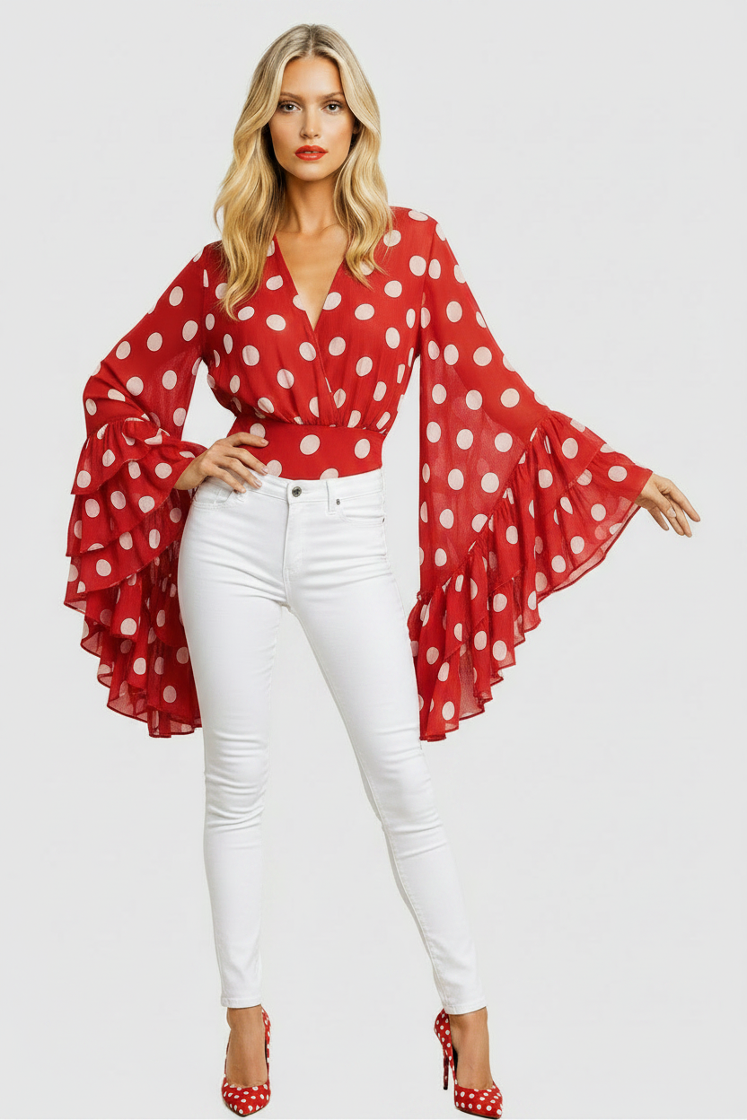 W5981 GLAM SHEER POKA DOT TOP (RED, BLK)
