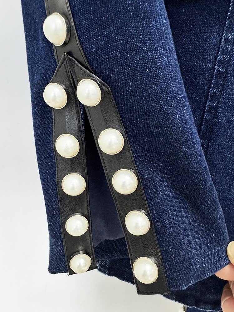 Pearl Beaded Washed Denim Jacket and Pants Two Piece Set