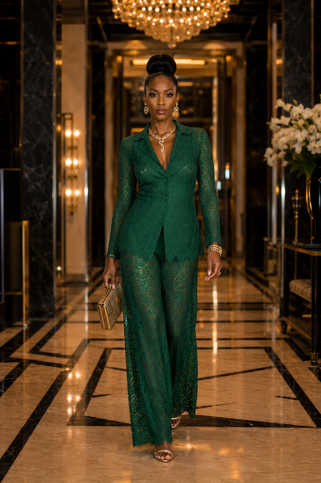 Long Sleeve Lace Blazer and Lace Pants Suit Set