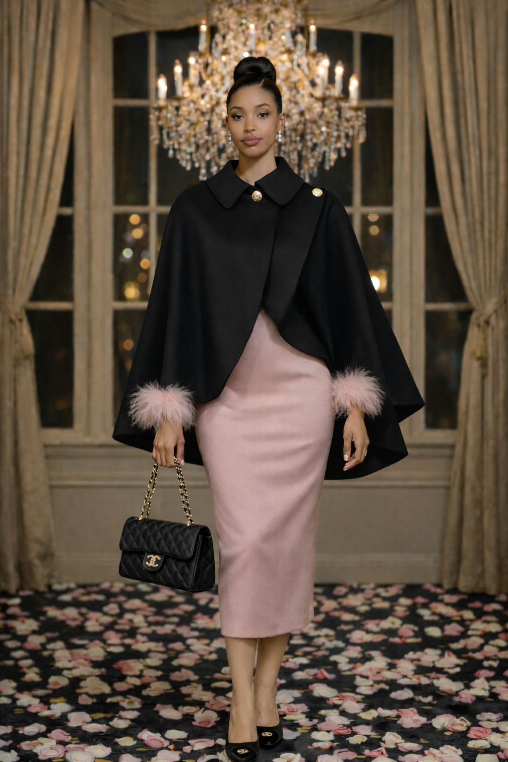 Pink Feathered Long Sleeve Midi Dress