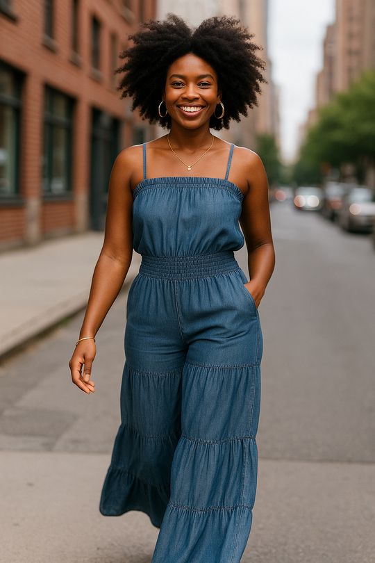 Blue Tiered Wide-Leg Smocked Jumpsuit