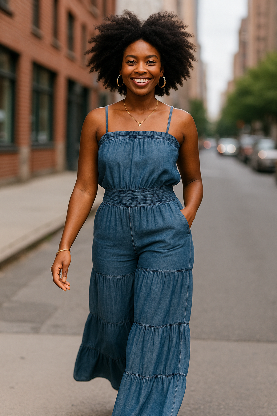 Blue Tiered Wide-Leg Smocked Jumpsuit