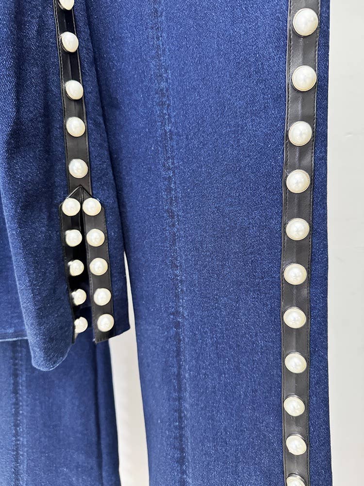 Pearl Beaded Washed Denim Jacket and Pants Two Piece Set