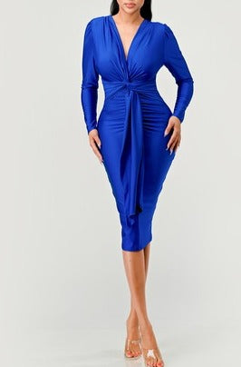 L/SLV RUCHED TIE FRONT WAIST BODYCON DRESS