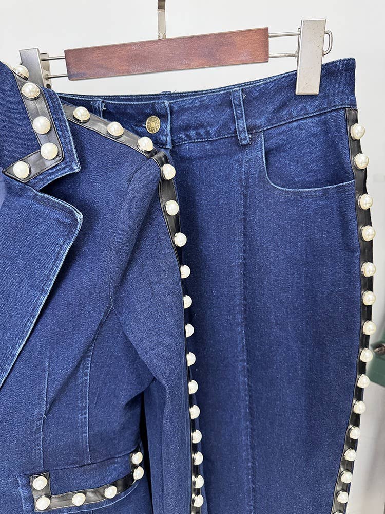 Pearl Beaded Washed Denim Jacket and Pants Two Piece Set