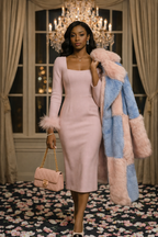 Pink Feathered Long Sleeve Midi Dress