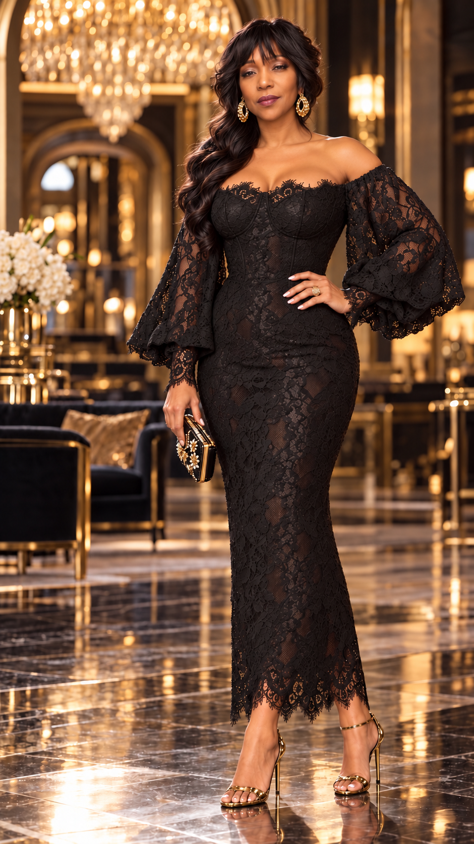 Black Lace Off Shoulder Midi Lace Dress
