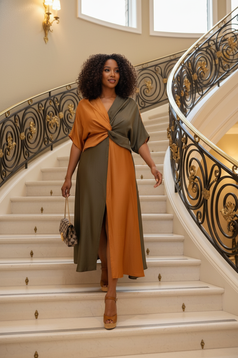 Bronze-Olive Front Split Maxi Dress