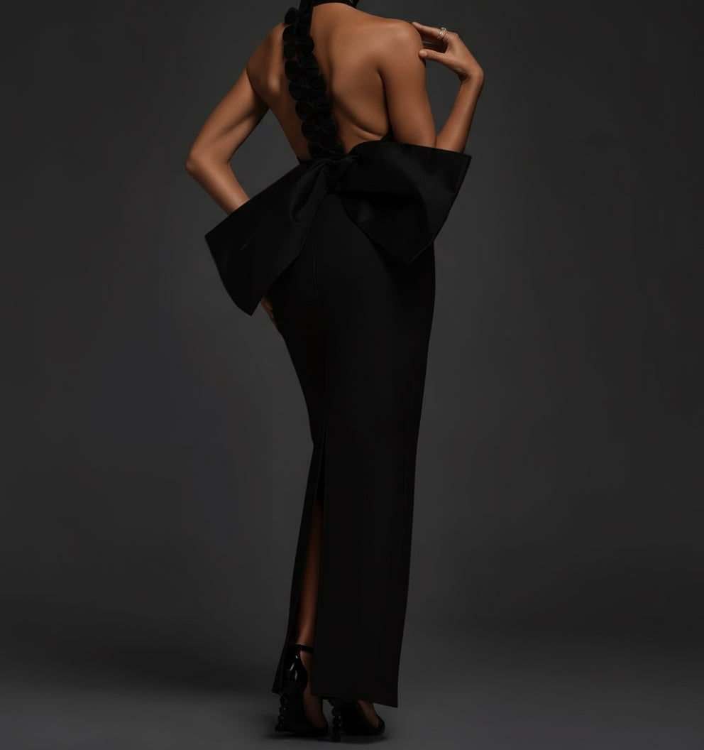 Black Halter Maxi Dress with Satin Bow Detail