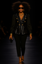 Black Sequin Double-Breasted Blazer with Puff Sleeves