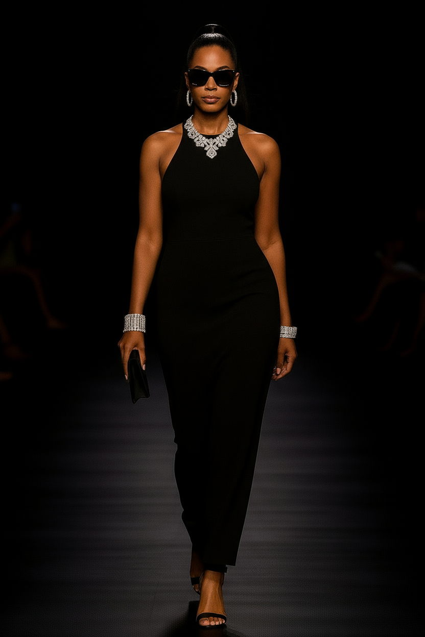 Black Halter Maxi Dress with Satin Bow Detail