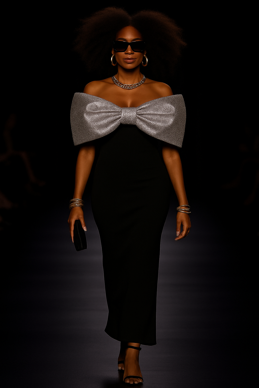 Black Strapless Gown with Metallic Bow Detail