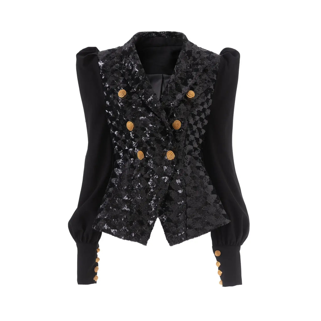 Black Sequin Double-Breasted Blazer with Puff Sleeves