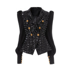 Black Sequin Double-Breasted Blazer with Puff Sleeves