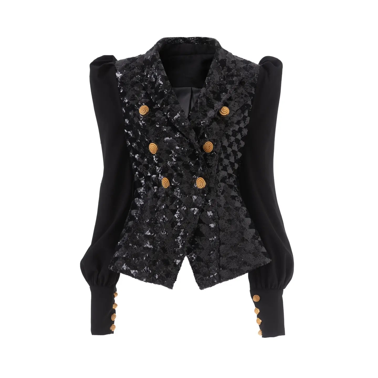 Black Sequin Double-Breasted Blazer with Puff Sleeves