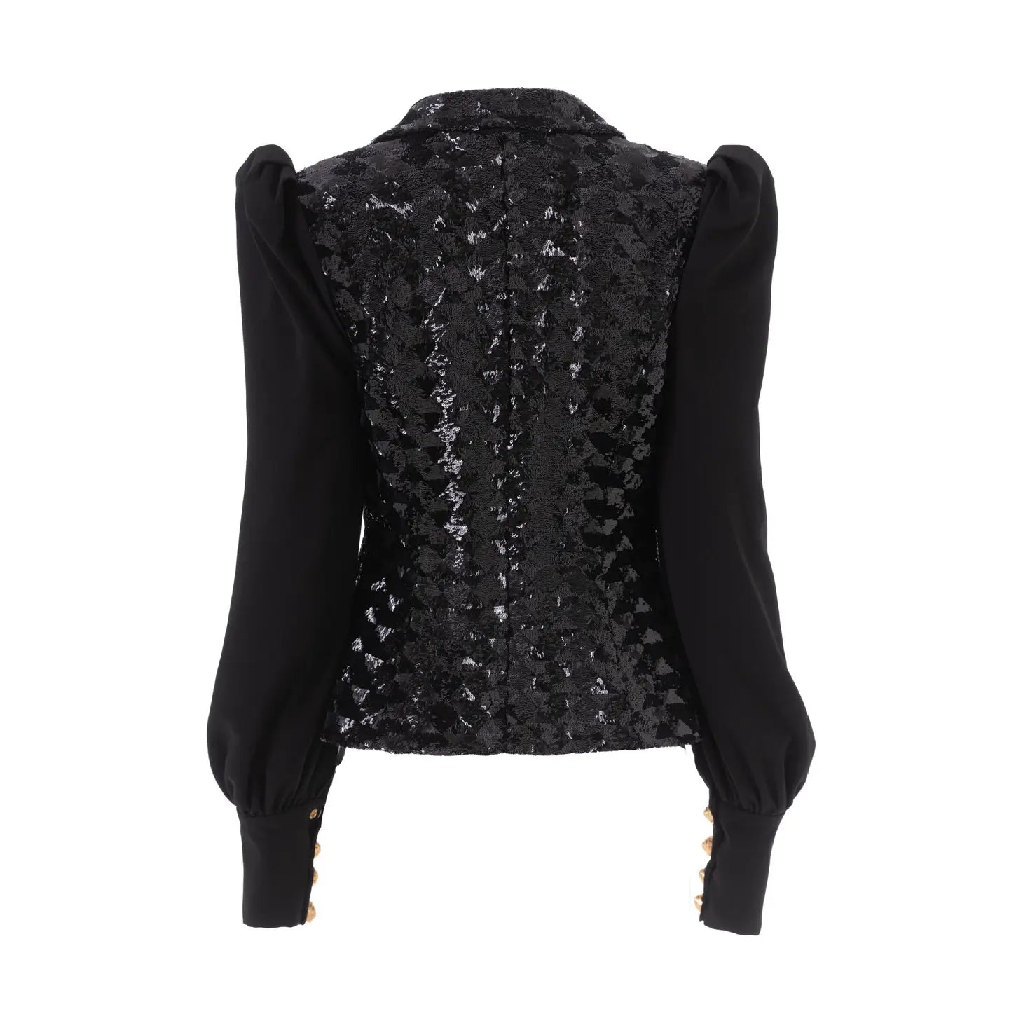 Black Sequin Double-Breasted Blazer with Puff Sleeves