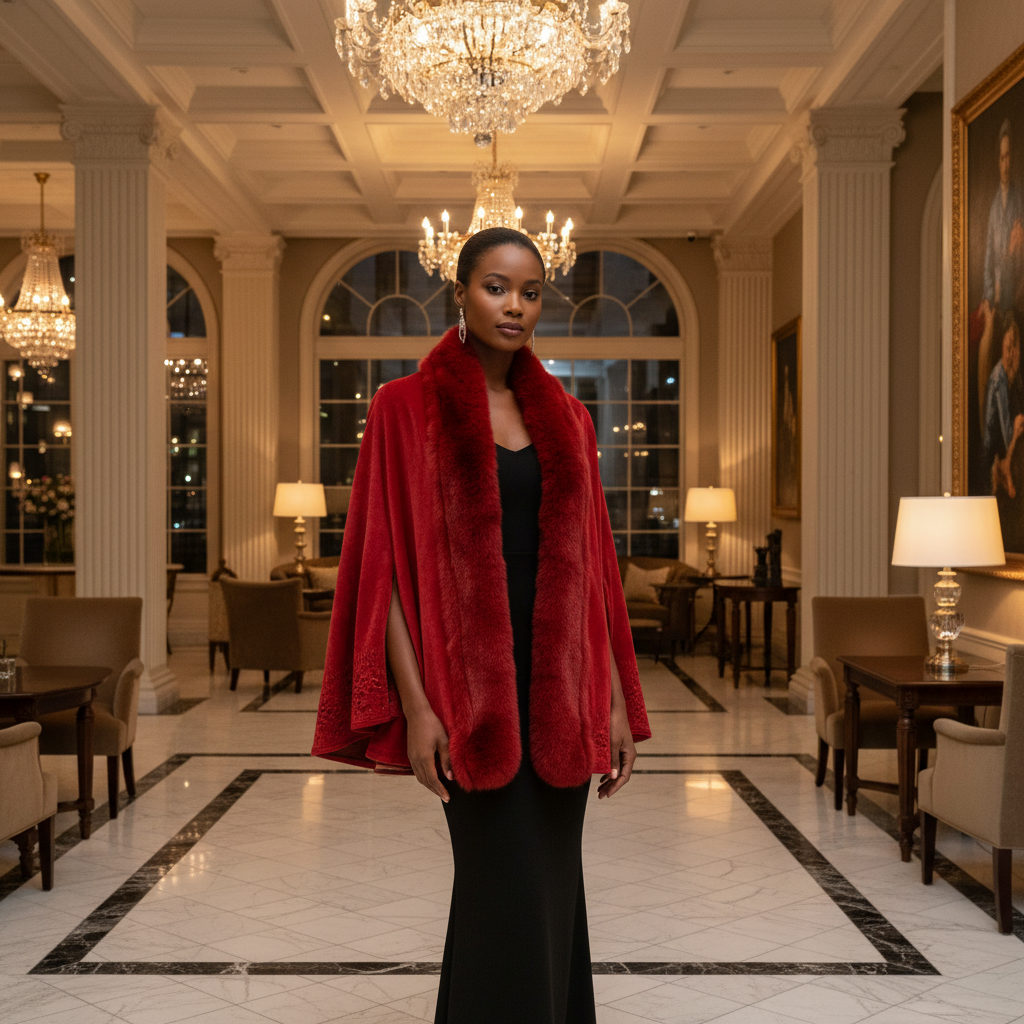 Scarlet Luxe Faux-Fur Trim Shawl