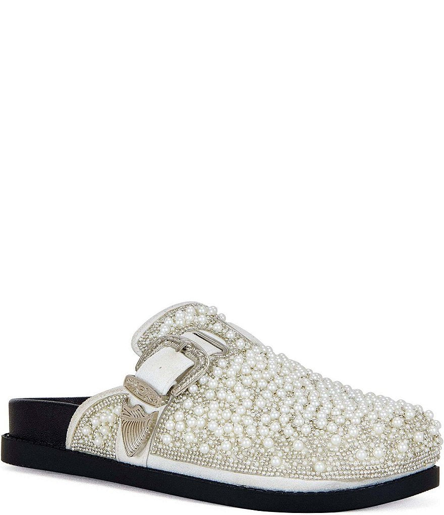 Virgile Faux Pearl Western Buckle Hardware Mules AZALEA WANG