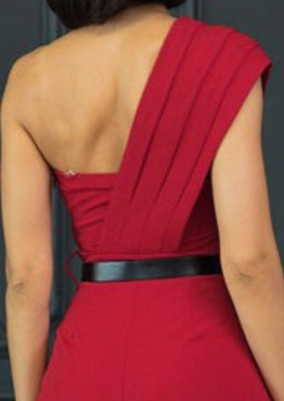 SHOULDER BELTED RED JUMPSUIT