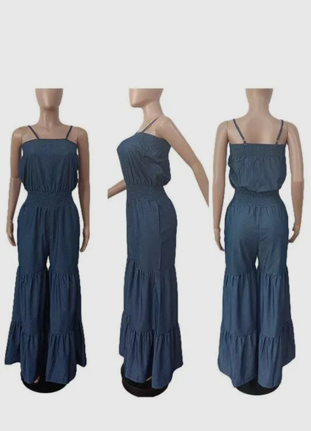 Blue Tiered Wide-Leg Smocked Jumpsuit