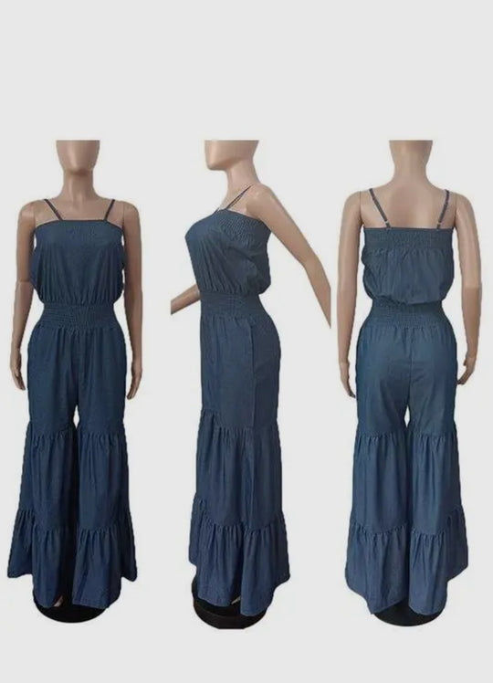 Blue Tiered Wide-Leg Smocked Jumpsuit