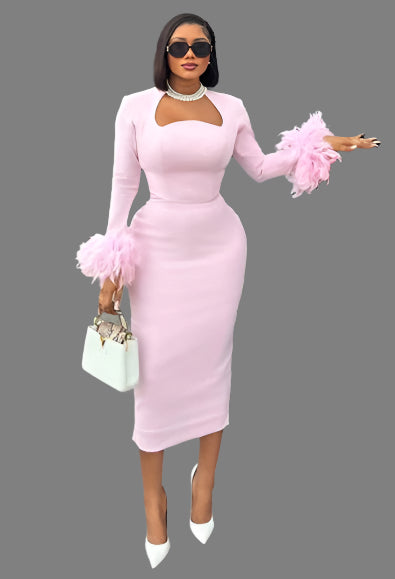 Pink Feathered Long Sleeve Midi Dress