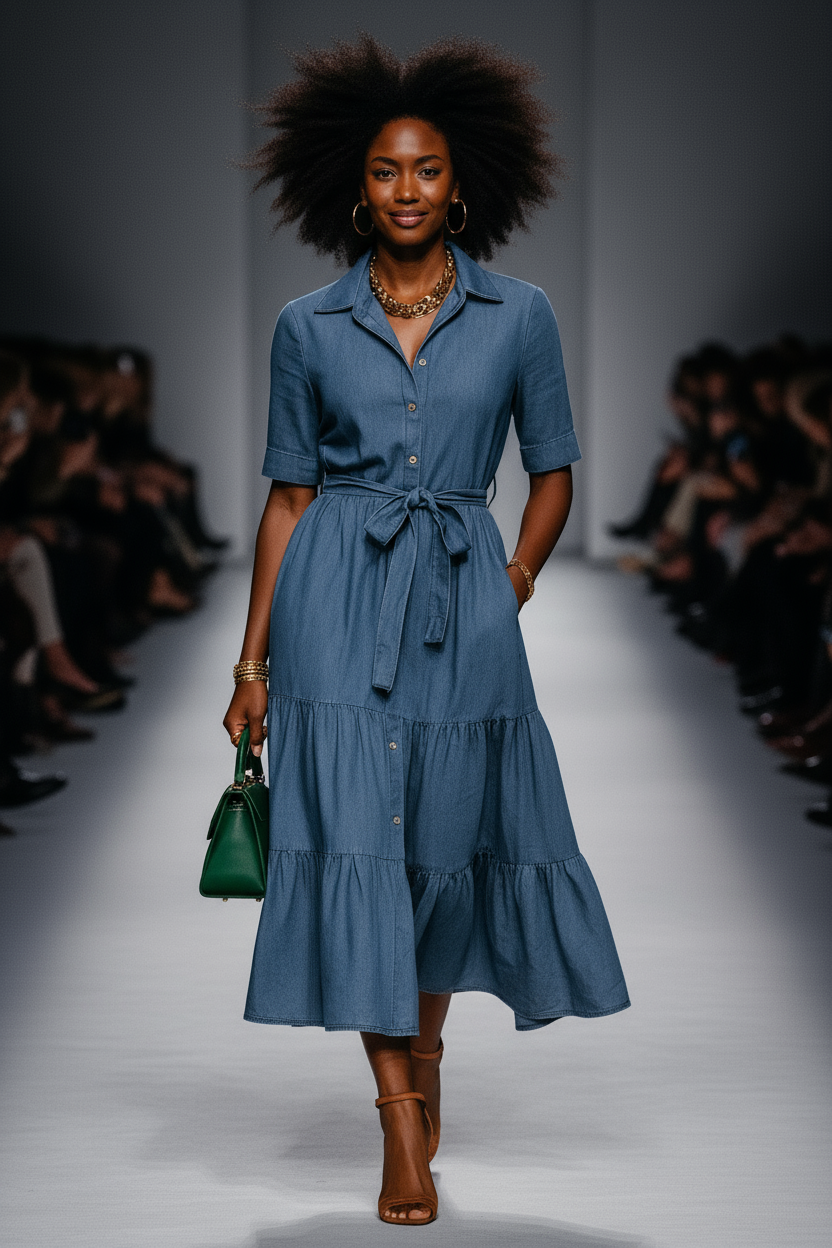 Chambray Tiered Shirt Dress