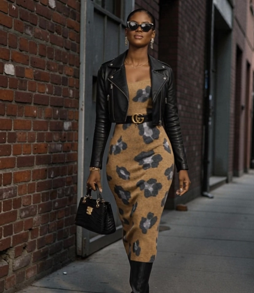 Golden Animal Knit Midi Dress