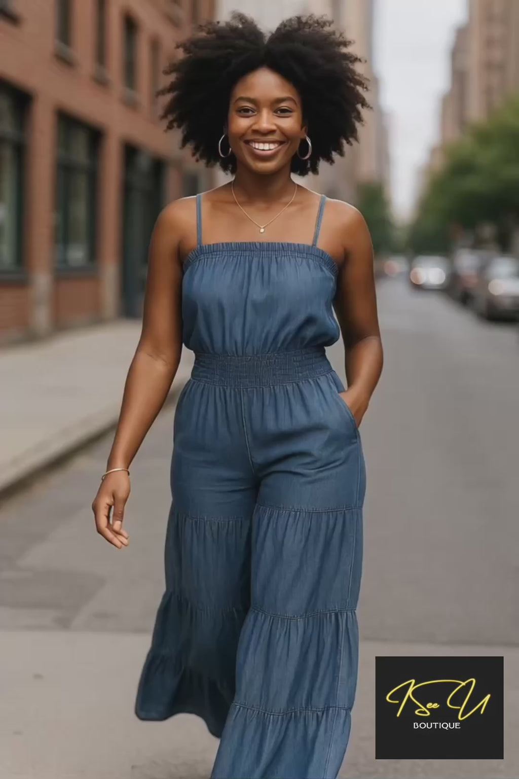 Blue Tiered Wide-Leg Smocked Jumpsuit