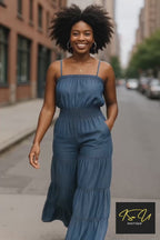 Blue Tiered Wide-Leg Smocked Jumpsuit