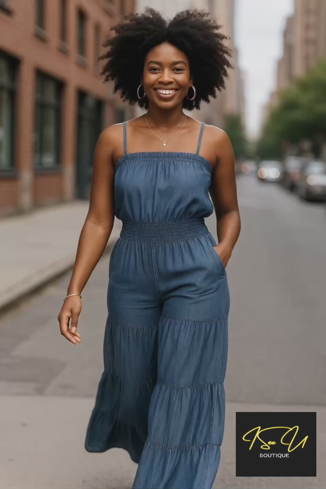 Blue Tiered Wide-Leg Smocked Jumpsuit