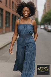 Blue Tiered Wide-Leg Smocked Jumpsuit