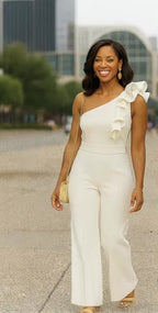 Ivory One Shoulder Ruffle Jumpsuit