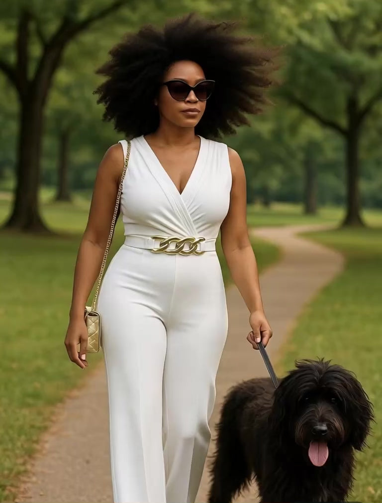 Elegant all White Gold Belt Jumpsuit