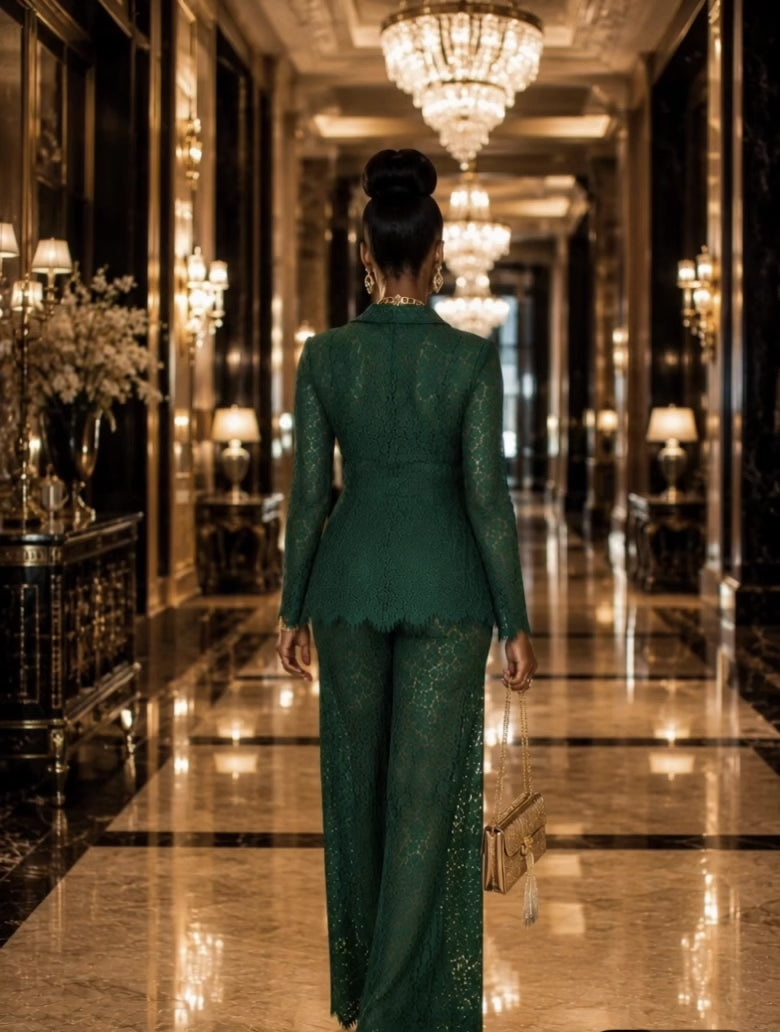 Long Sleeve Lace Blazer and Lace Pants Suit Set