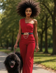 SHOULDER BELTED RED JUMPSUIT