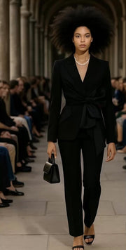 V-Neck Bowknot Lace-Up Waist Suit Jacket – Black Elegance Edition