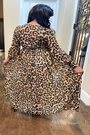 LEOPARD WOVEN PUFF SLEEVES MAXI DRESS - I See U Boutique