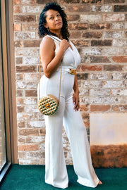 ELEGANT ALL WHITE GOLD BELT JUMPSUIT - I See U Boutique