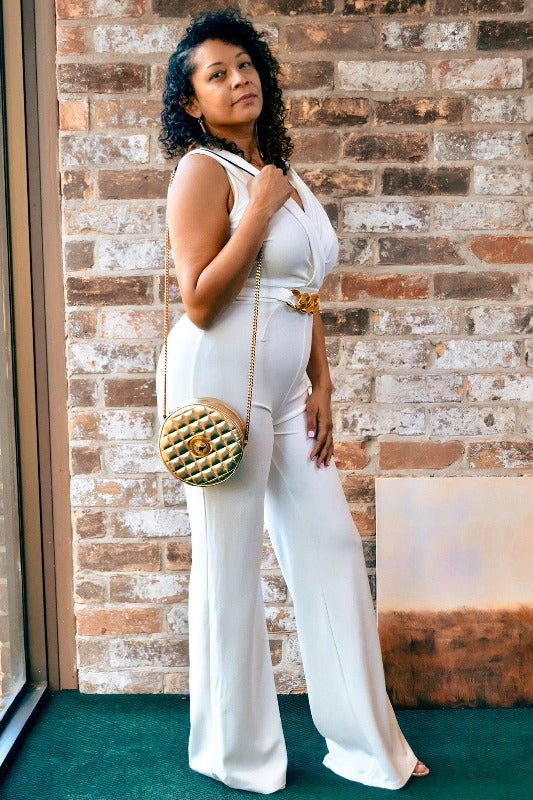 ELEGANT ALL WHITE GOLD BELT JUMPSUIT - I See U Boutique