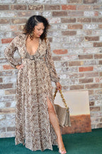 snakeskin print woven puff sleeves maxi dress invisible zippertop smockedlinedskirt