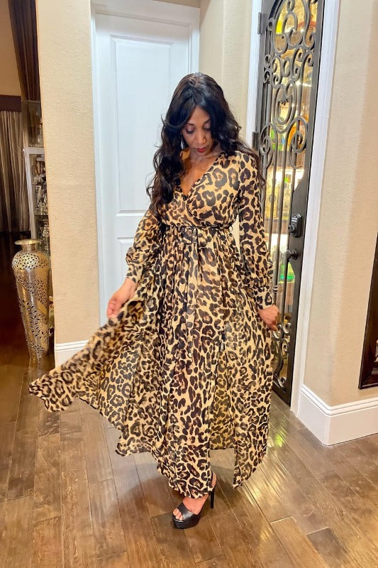 LEOPARD WOVEN PUFF SLEEVES MAXI DRESS - I See U Boutique