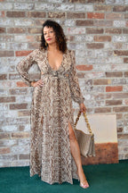 snakeskin print woven puff sleeves maxi dress invisible zippertop smockedlinedskirt