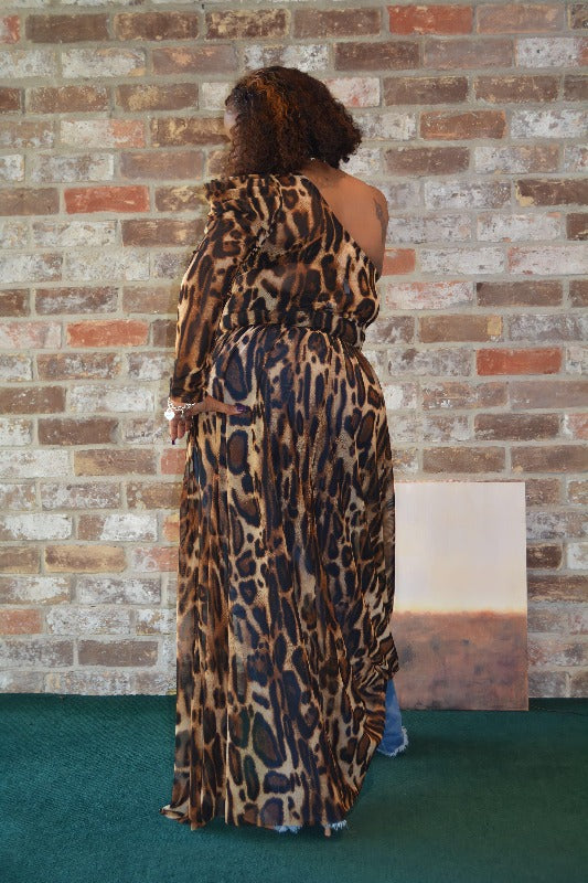 LEOPARD ONE SHOULDER PLEATED SLEEVE MAXI TOP-CURVY*** - I See U Boutique