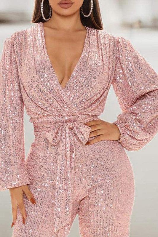 GLAMOROUS PINK BELTED SEQUINS JUMPSUIT - I See U Boutique